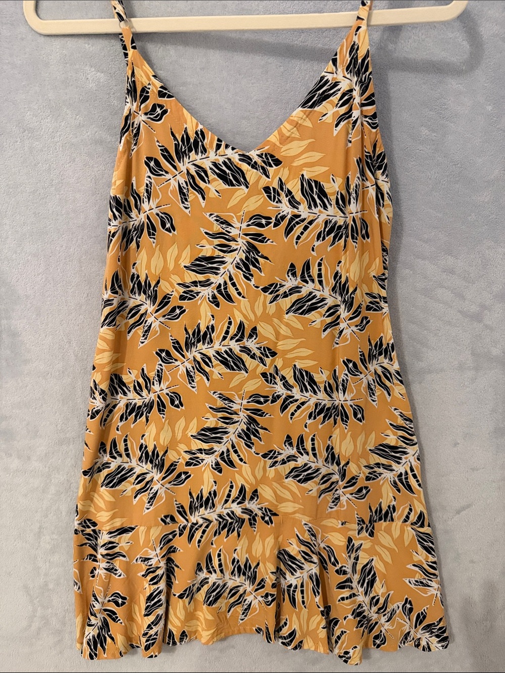 Leaf-Print Mustard Slip Mini Dress with Thin Straps